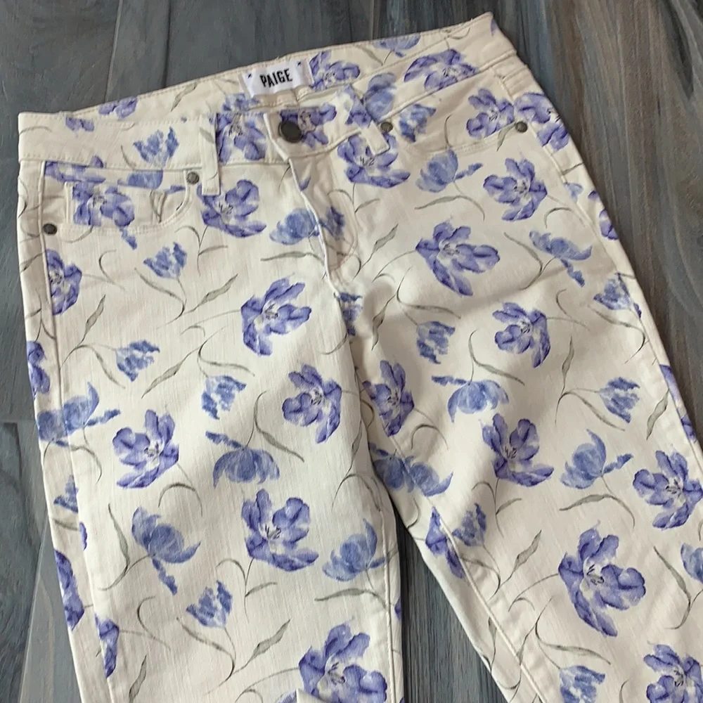 PAIGE Floral Straight Leg Jeans - Cream and Purple - Picture 2 of 4